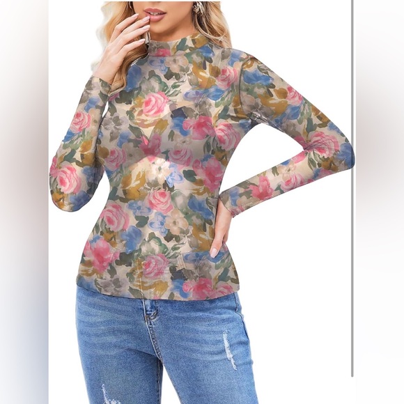 Pink Sheer Mesh Watercolor Floral High Neck, Long Sleeve Floral Mesh Top - Picture 3 of 7